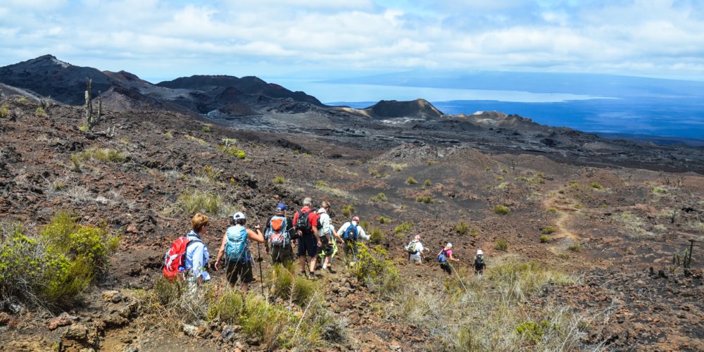 Hiking the volcanic landscapes of Isabela Island, one of the highlights of our Galápagos group tours